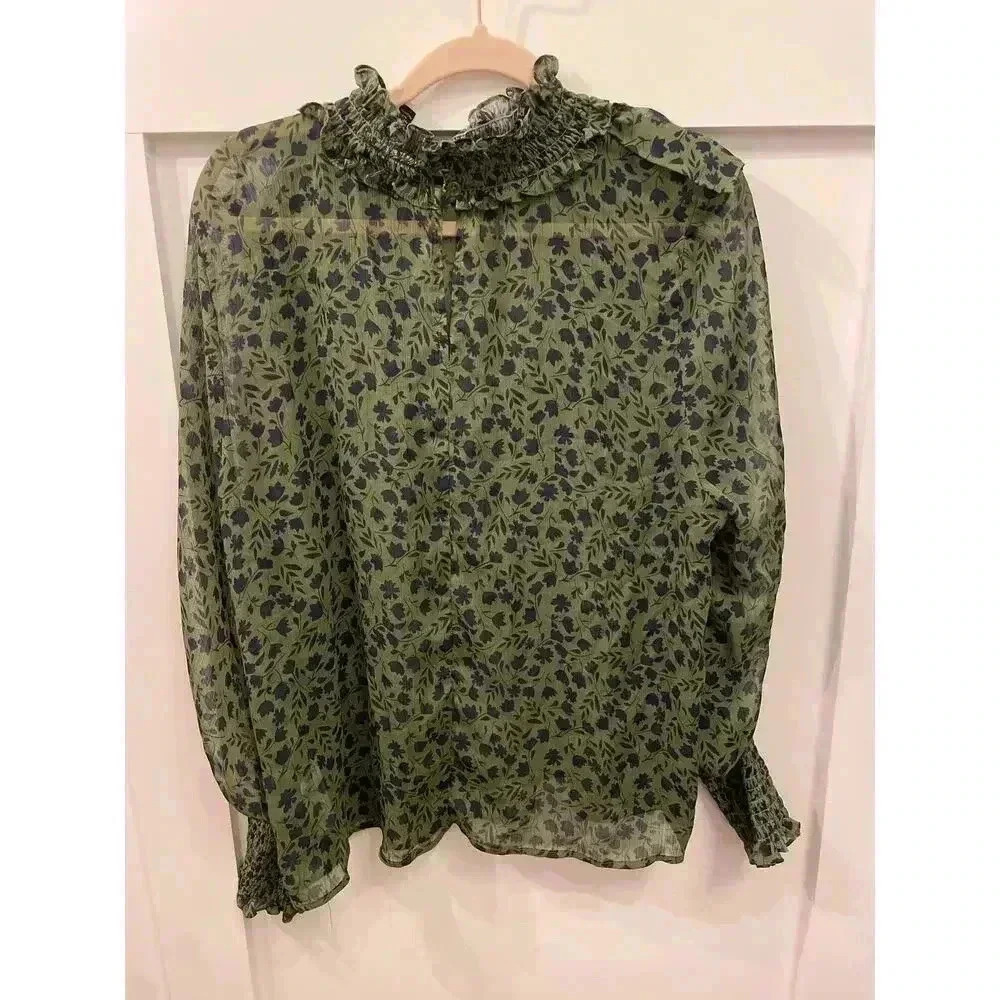 Eloquii Elements Sheer Front Ruffle Floral Print Green Peplum Top, sz 20 - Picture 5 of 6